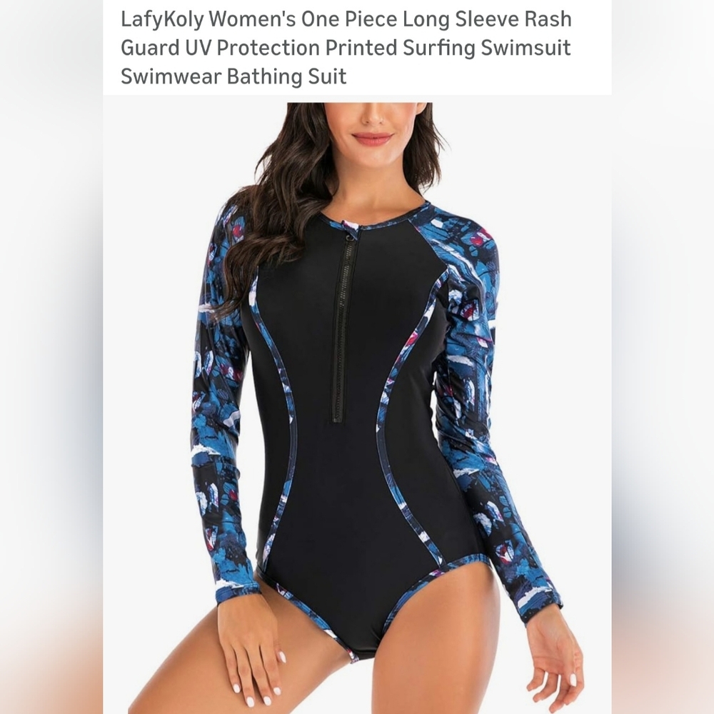 Women's Long Sleeve One-Piece Rash Guard Swimsuit - Black & Blue. W-69